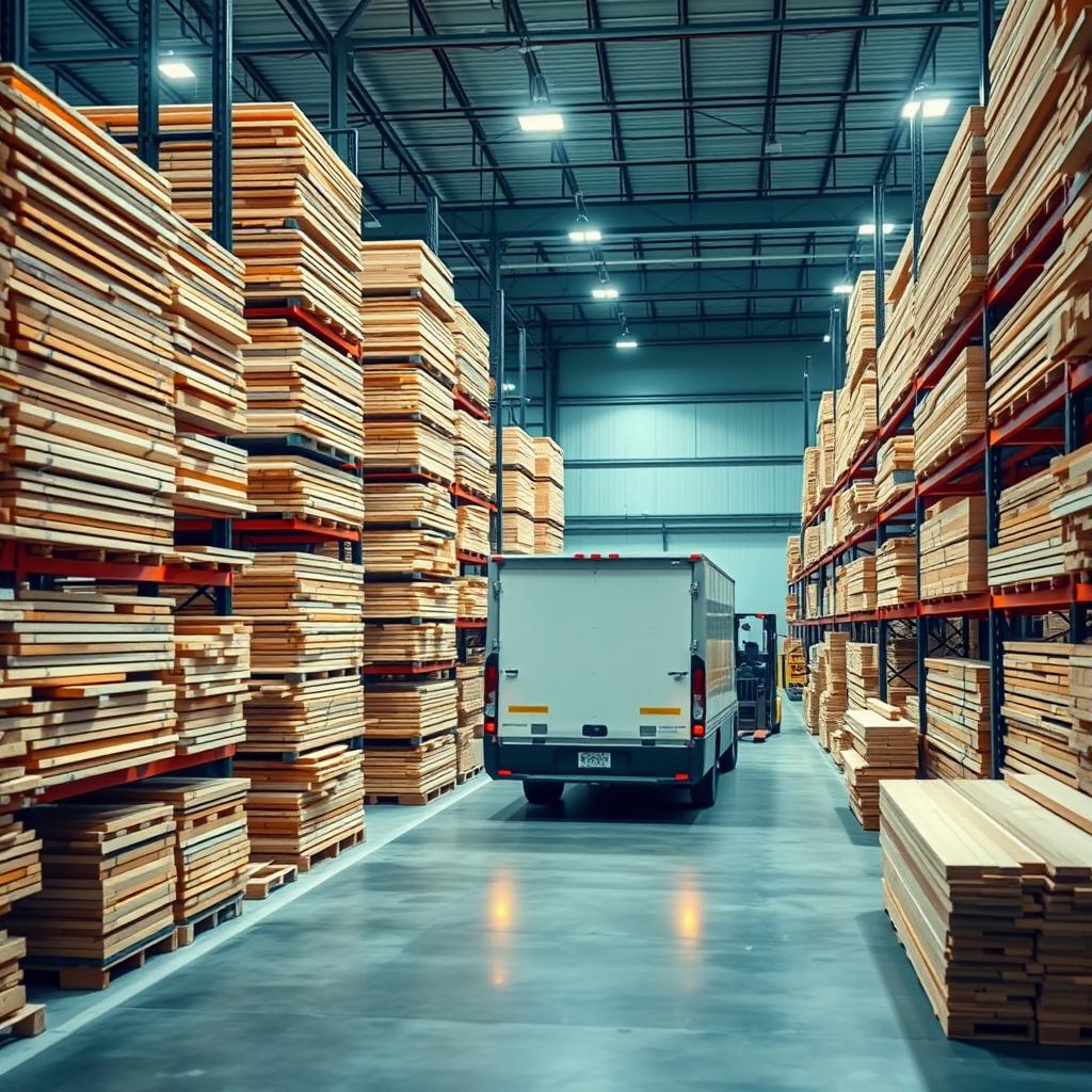 A clean, well-organized building material dealer lumber yard with stacked lumber, racks, forklift, and delivery truck